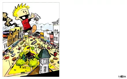 Calvin from Calvin & Hobbes leaps joyfully over a bustling city scene, surrounded by cars and a park. This vibrant HD wallpaper captures the spirit of the beloved comic.