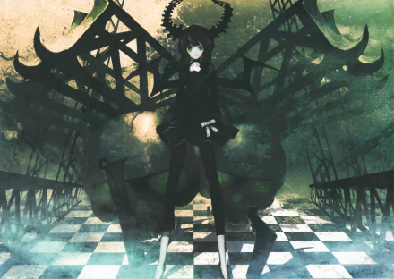 Dead Master from Black Rock Shooter stands on a checkered floor with dark mechanical wings and glowing green eyes in this 4K Ultra HD anime desktop wallpaper.