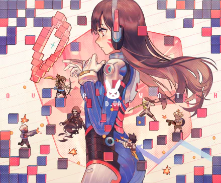 HD desktop wallpaper featuring D.Va from the video game Overwatch, with an artistic background including other characters from the game.