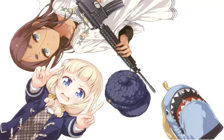 Anime New Game! 2K Quad HD PC desktop wallpaper/background: two girls on white background — blond girl making peace signs, brown-haired girl holding a rifle, plus shark plush and fur hat.