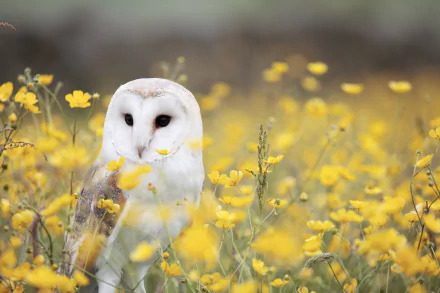 A barn owl perched among vibrant yellow flowers, captured in stunning 4K Ultra HD, creating a serene nature scene for a PC desktop wallpaper.