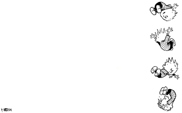 HD PC desktop wallpaper featuring a comic strip style of Calvin from Calvin & Hobbes in playful, energetic poses along the right side on a clean white background.