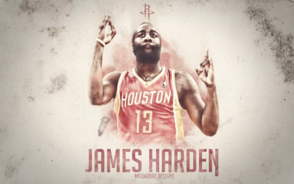 HD desktop wallpaper featuring basketball player James Harden in a Houston Rockets jersey, with a stylized backdrop and text.