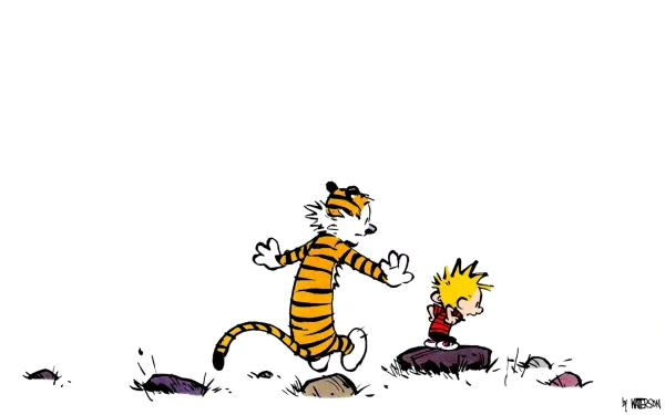 Calvin and Hobbes playfully navigate a rocky landscape in this HD wallpaper, capturing the whimsical spirit of the beloved comic series.