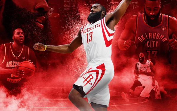 HD desktop wallpaper featuring James Harden in various basketball action poses with a red artistic background.