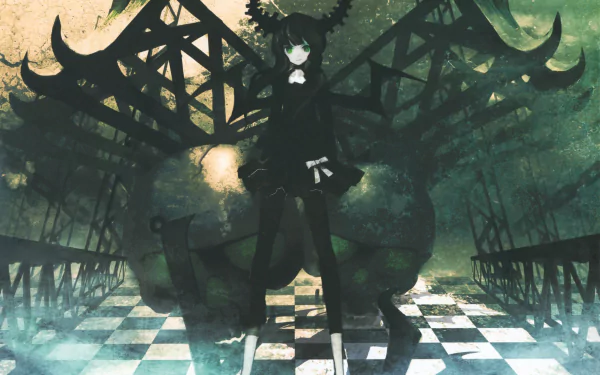 Dead Master from Black Rock Shooter stands on a checkered floor with dark mechanical wings and glowing green eyes in this 4K Ultra HD anime desktop wallpaper.