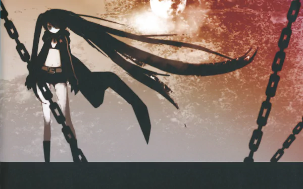 Black Rock Shooter anime silhouette with flowing twin tails and chains against a moody moonlit sky — 5K Ultra HD PC desktop wallpaper/background.