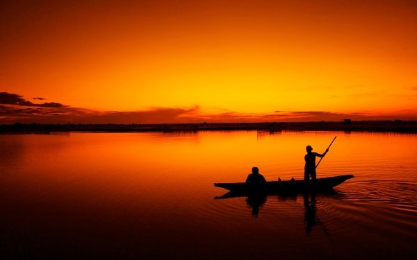 Photography Fisherman Sunset orange Lagoon Boat Vietnam People HD Wallpaper | Background Image