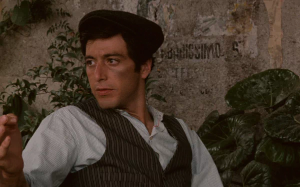 HD PC desktop wallpaper: still from the movie The Godfather — young man in period vest and cap leaning against a wall, pensive expression, leafy background
