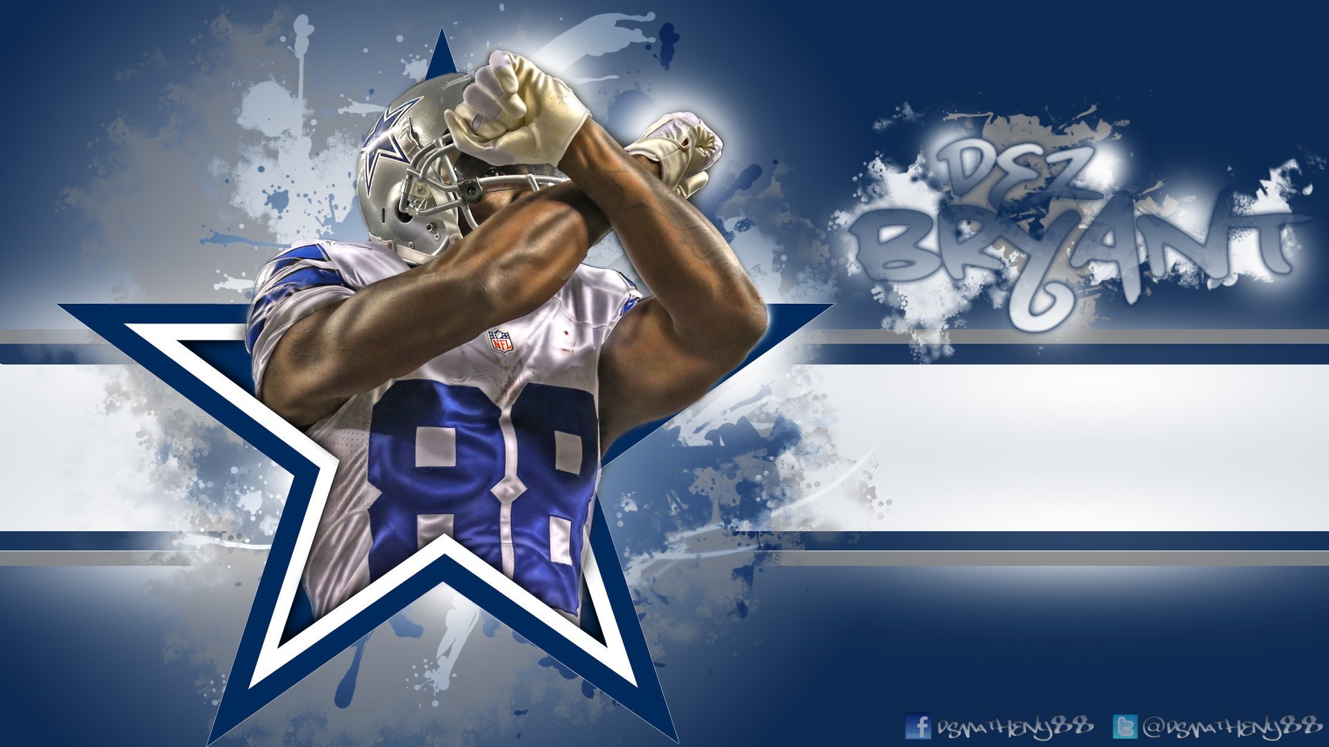 HD desktop wallpaper featuring a dynamic illustration of Dez Bryant in a football uniform with a prominent number 88 and a stylized Dallas Cowboys star logo.