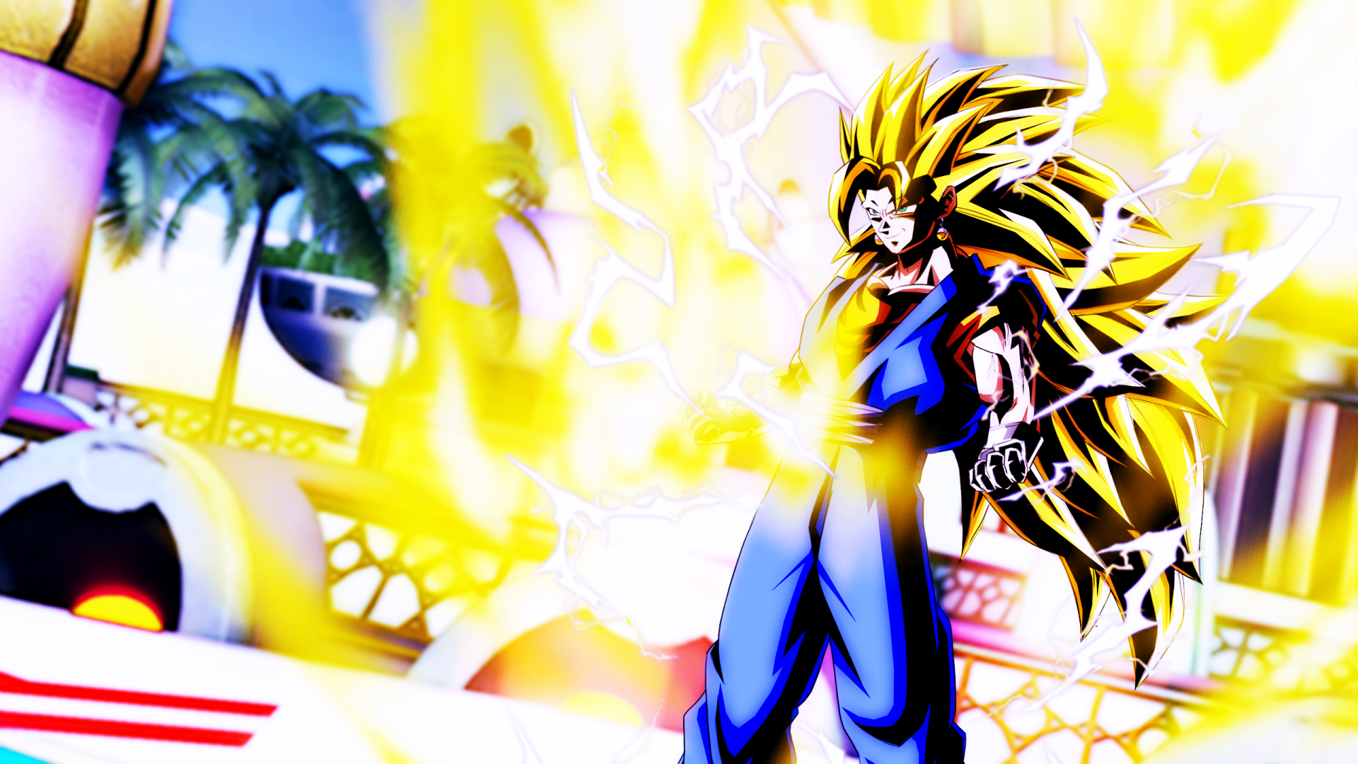 HD PC desktop wallpaper featuring a dynamic Dragon Ball Z anime scene with a powerful Super Saiyan character radiating golden energy.