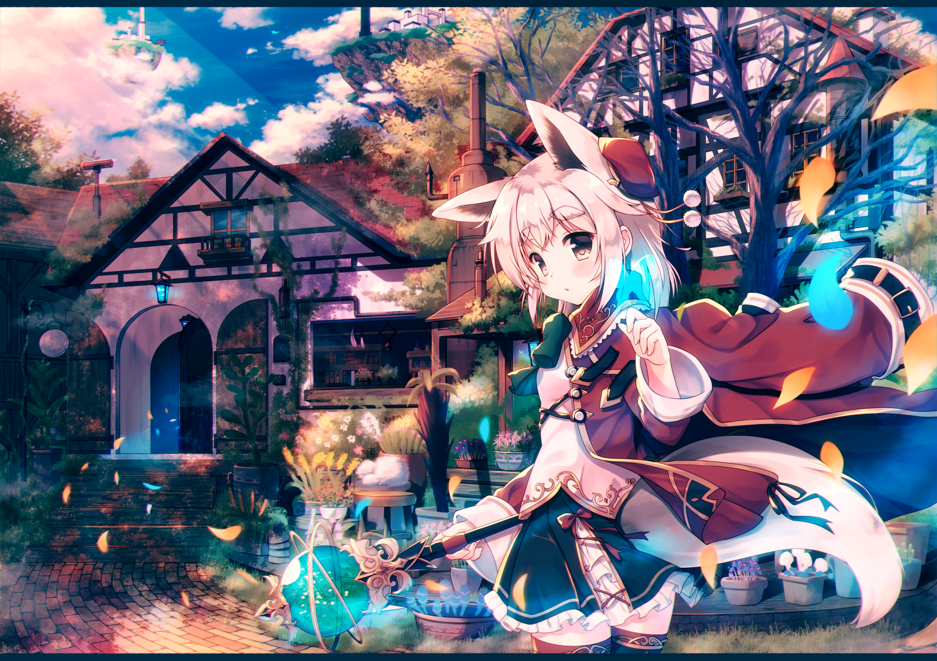HD anime wallpaper featuring an original character in a detailed background with a quaint house, vibrant foliage, and colorful falling leaves. The character wields a glowing staff, creating a magical ambiance.