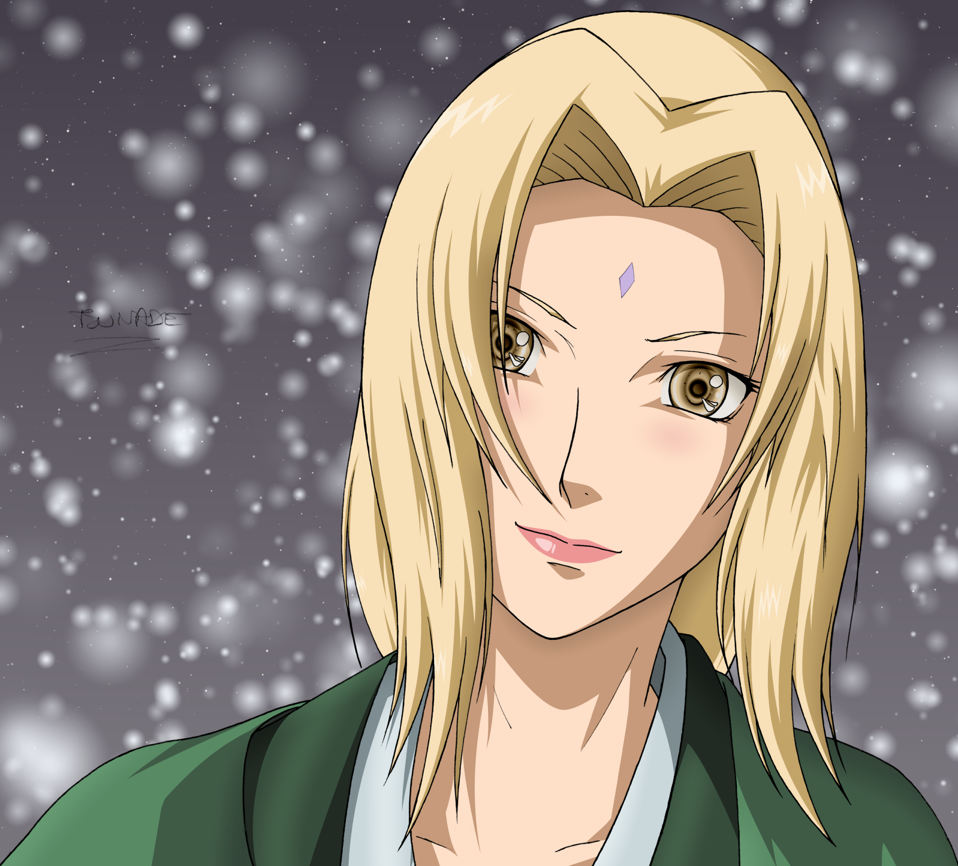 HD PC desktop wallpaper featuring Tsunade from Naruto, showcasing her confident expression against a softly blurred, snowy anime background.