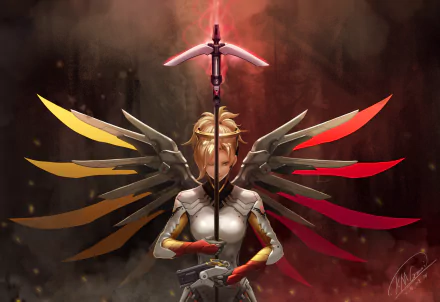 HD desktop wallpaper of Mercy from Overwatch, showcasing the character with her iconic staff and wings in a dramatic background.