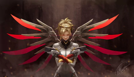 HD desktop wallpaper featuring Mercy from Overwatch, a popular video game. She stands with her arms crossed, wings extended, in a powerful pose.