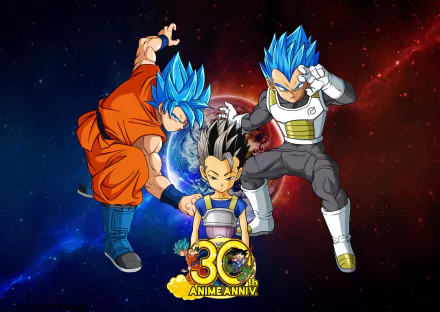 HD desktop wallpaper featuring Kyabe, SSGSS Vegeta, and Goku from Dragon Ball Super, showcasing the Super Saiyan Blue transformation with a vibrant space background celebrating the anime's 30th anniversary.