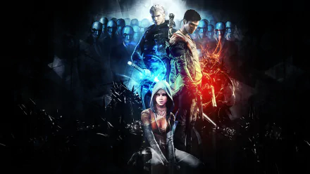 HD desktop wallpaper featuring Kat, Vergil, and Dante from the video game DmC: Devil May Cry in a dynamic and intense composition.