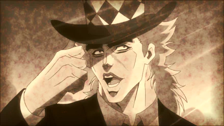 Close-up HD anime wallpaper of Robert E. O. Speedwagon from JoJo's Bizarre Adventure: Phantom Blood, featuring his signature checkered hat and intense expression.