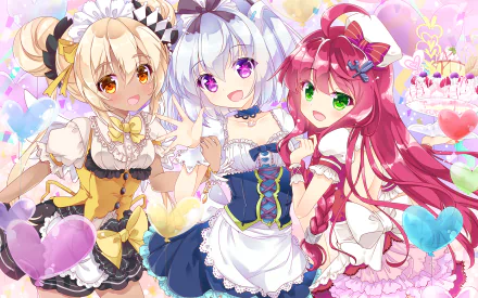 HD PC wallpaper: Prima (1000-chan), Dr. Myrio (1000-chan) and 1000-chan — three anime maid girls (blonde, silver, pink) posing among pastel hearts, ribbons and sweets.