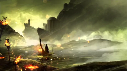 HD PC desktop wallpaper depicting a dark, artistic Greek underworld scene with a lone figure rowing through fiery waters symbolizing death.