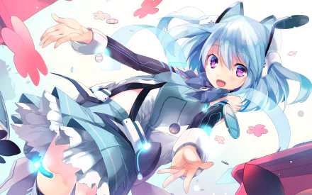 Anime HD PC desktop wallpaper featuring 1000-chan with light blue hair, vibrant purple eyes, and a dynamic pose surrounded by pink flower petals.