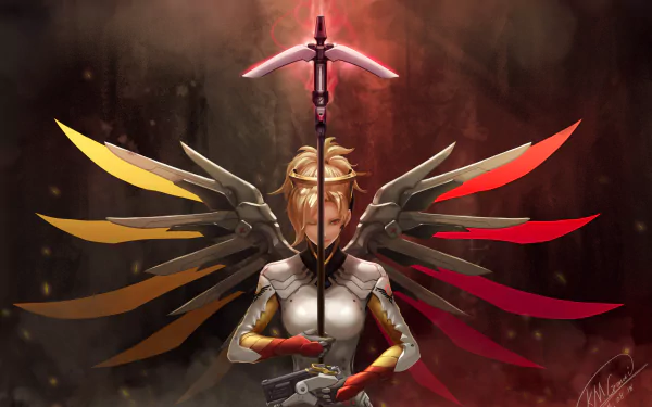 HD desktop wallpaper of Mercy from Overwatch, showcasing the character with her iconic staff and wings in a dramatic background.