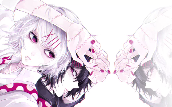 HD desktop wallpaper featuring Juuzou Suzuya from the anime Tokyo Ghoul. The background is predominantly white with Suzuya's reflection mirrored on the right. The image is intricate and visually striking.