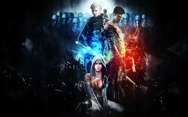 HD desktop wallpaper featuring Kat, Vergil, and Dante from the video game DmC: Devil May Cry in a dynamic and intense composition.