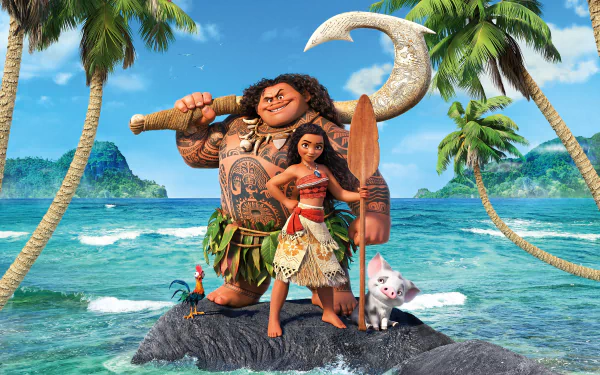 HD desktop wallpaper featuring Moana Waialiki and Maui from the movie Moana. They stand on a rock with lush islands and the ocean in the background.