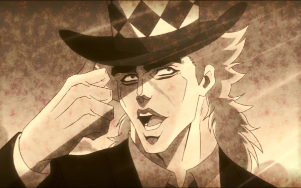 Close-up HD anime wallpaper of Robert E. O. Speedwagon from JoJo's Bizarre Adventure: Phantom Blood, featuring his signature checkered hat and intense expression.