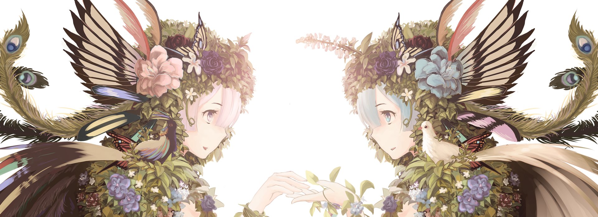 HD desktop wallpaper featuring Ram and Rem from Re:Zero - Starting Life in Another World, dressed in floral and nature-inspired outfits, facing each other with hands almost touching.