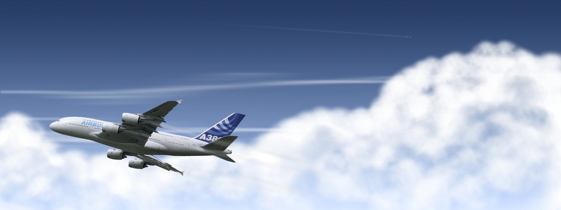 HD PC desktop wallpaper featuring an Airbus A380 aircraft flying above the clouds against a clear blue sky.