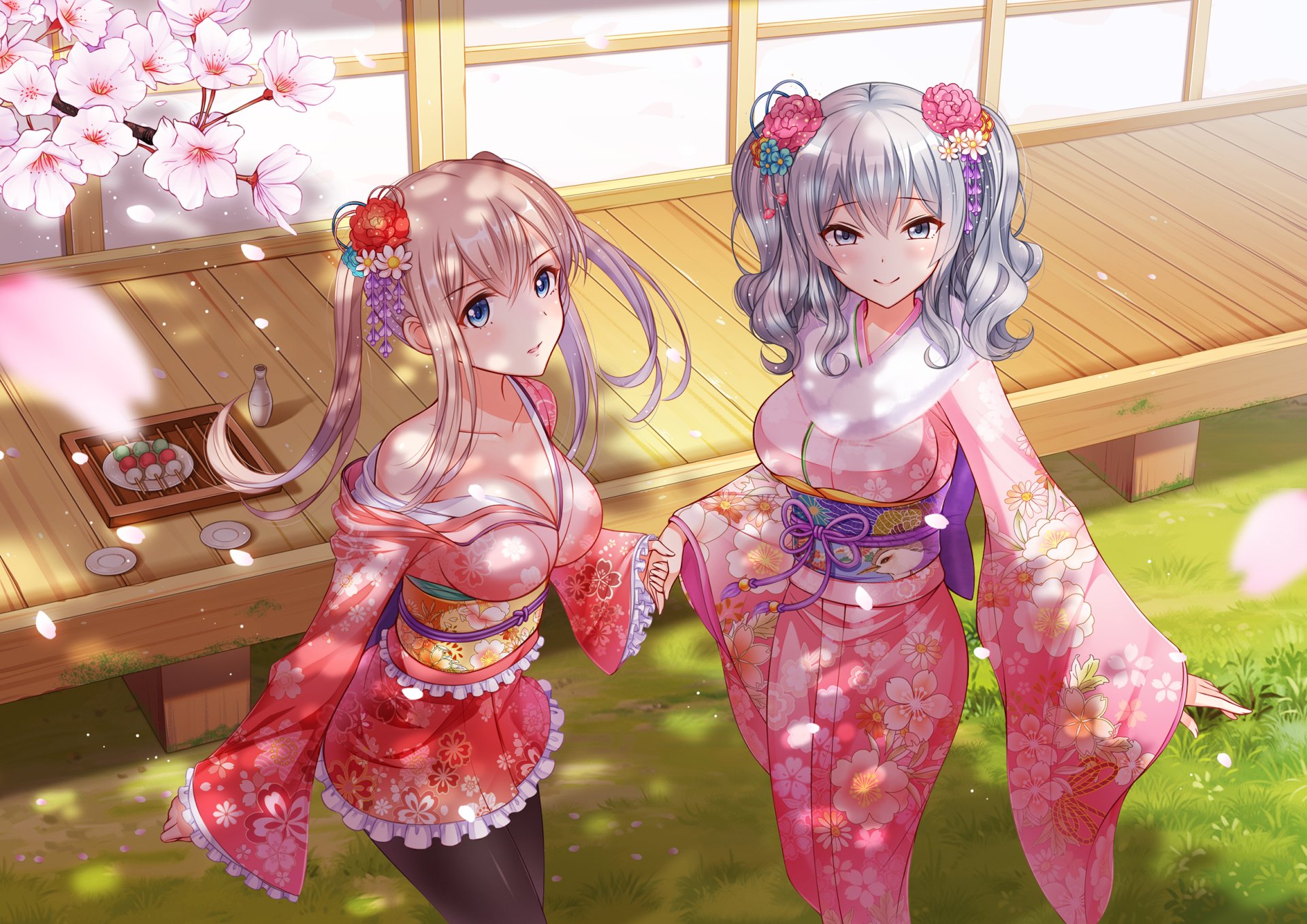 HD desktop wallpaper featuring two anime characters from Kantai Collection in traditional kimonos, surrounded by cherry blossoms, standing in a serene garden setting.