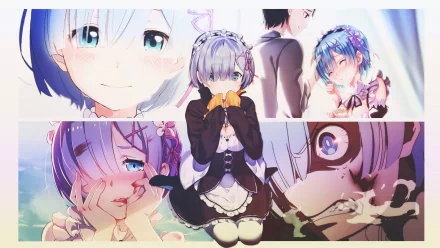 HD desktop wallpaper featuring Rem from the anime Re:Zero - Starting Life in Another World showcasing different emotional expressions and scenes from the series.