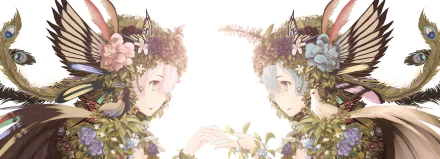 HD desktop wallpaper featuring Ram and Rem from Re:Zero - Starting Life in Another World, dressed in floral and nature-inspired outfits, facing each other with hands almost touching.