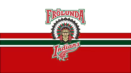 HD desktop wallpaper of the Frölunda HC, featuring the Frölunda Indians logo on a red, green, and white background. Tags: SHL, hockey, Frölunda Indians, Frölunda HC, sports.