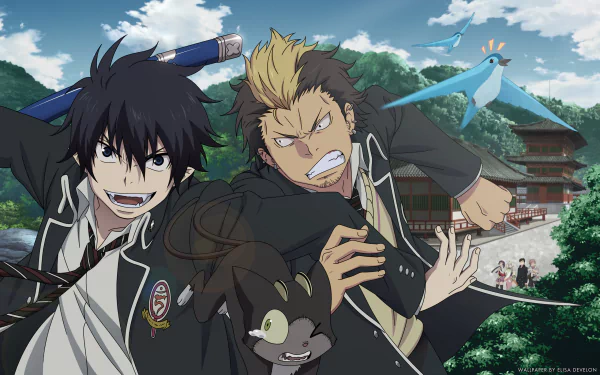 HD desktop wallpaper featuring characters from the anime Blue Exorcist (Ao No Exorcist). Rin Okumura and Ryuji Suguro are prominently displayed alongside Kuro, with scenic backgrounds and other characters in view.