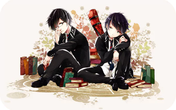 Rin and Yukio Okumura from Blue Exorcist in school uniforms, seated among scattered books with Rin's sword visible — HD PC desktop wallpaper.