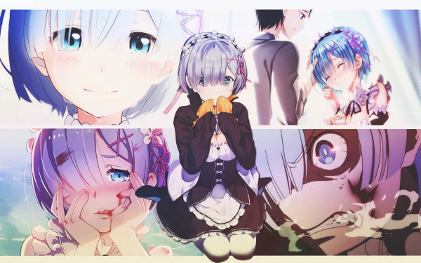 HD desktop wallpaper featuring Rem from the anime Re:Zero - Starting Life in Another World showcasing different emotional expressions and scenes from the series.