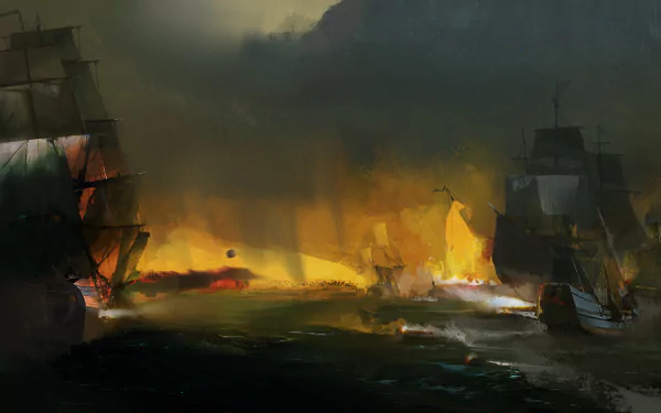 4K Ultra HD image of a naval battle scene from the video game Assassin's Creed III, featuring detailed ships engaged in combat amid fiery skies.