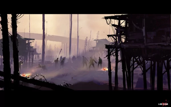 A dramatic HD desktop wallpaper from Left 4 Dead 2, featuring shadowy figures amidst a desolate landscape of dilapidated structures and smoky hues, evoking a post-apocalyptic atmosphere.