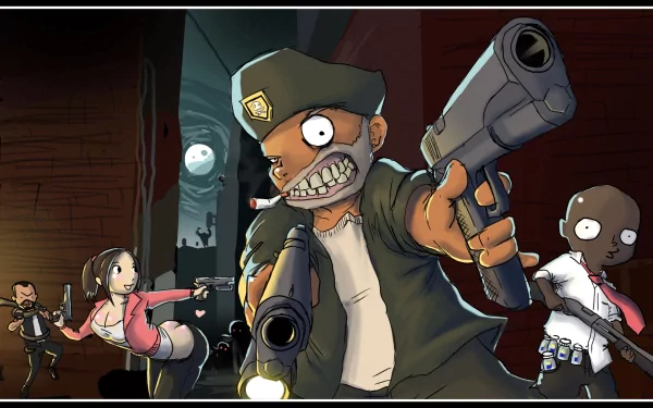 HD desktop wallpaper featuring characters from the video game Left 4 Dead, depicted in an animated style, armed with weapons in a dark, intense setting.