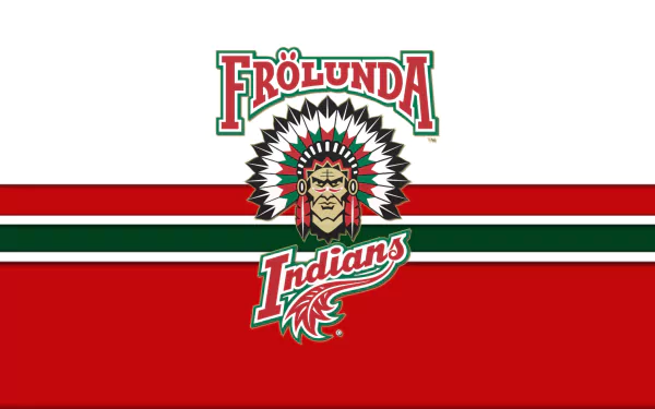 HD desktop wallpaper of the Frölunda HC, featuring the Frölunda Indians logo on a red, green, and white background. Tags: SHL, hockey, Frölunda Indians, Frölunda HC, sports.