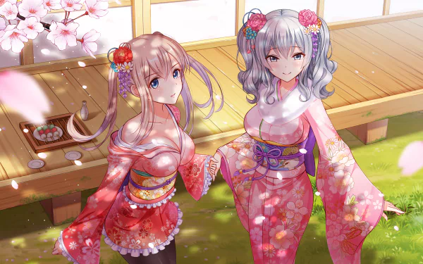 HD desktop wallpaper featuring two anime characters from Kantai Collection in traditional kimonos, surrounded by cherry blossoms, standing in a serene garden setting.