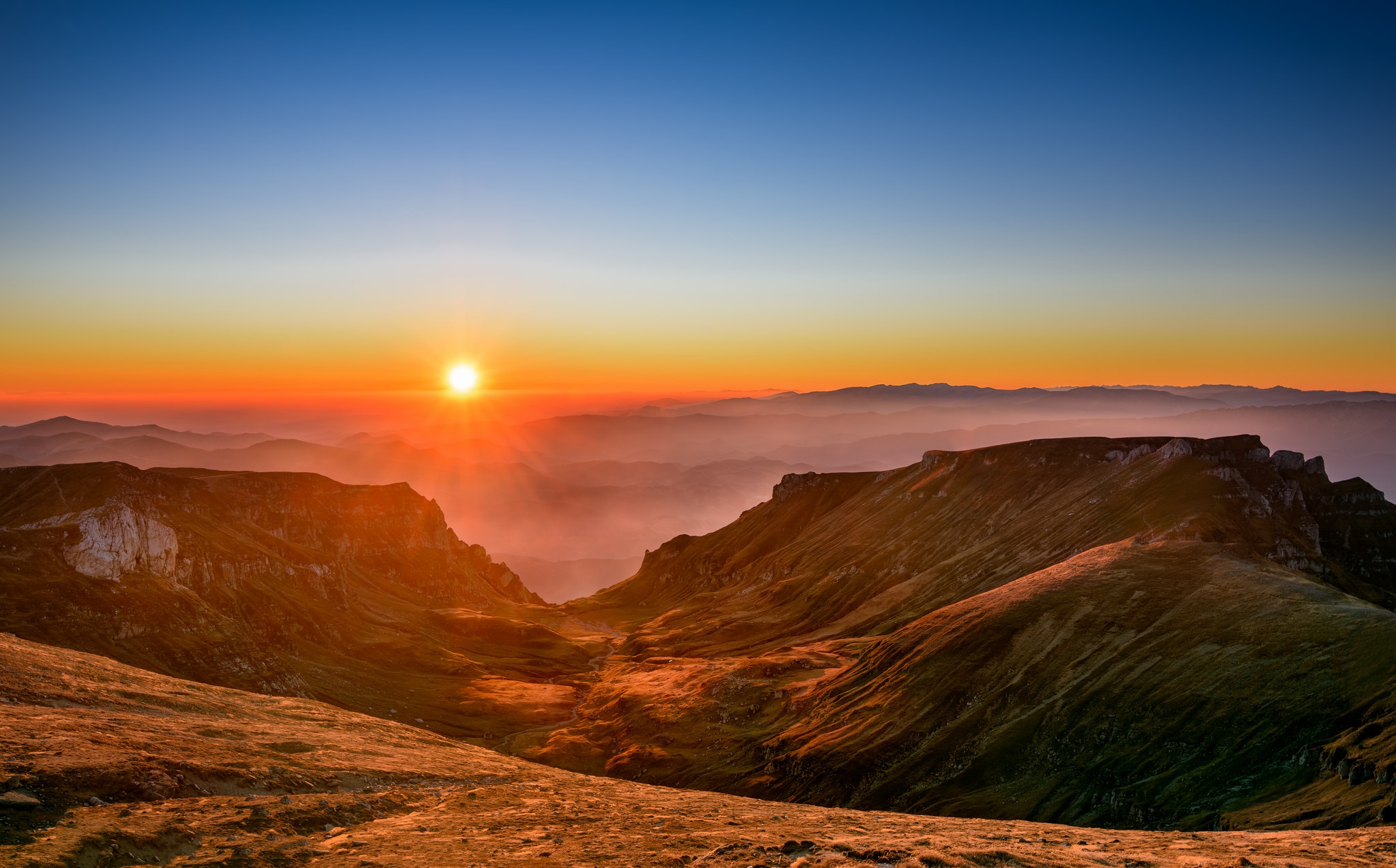 Download Mountain Horizon Sun Landscape Nature Sunrise HD Wallpaper