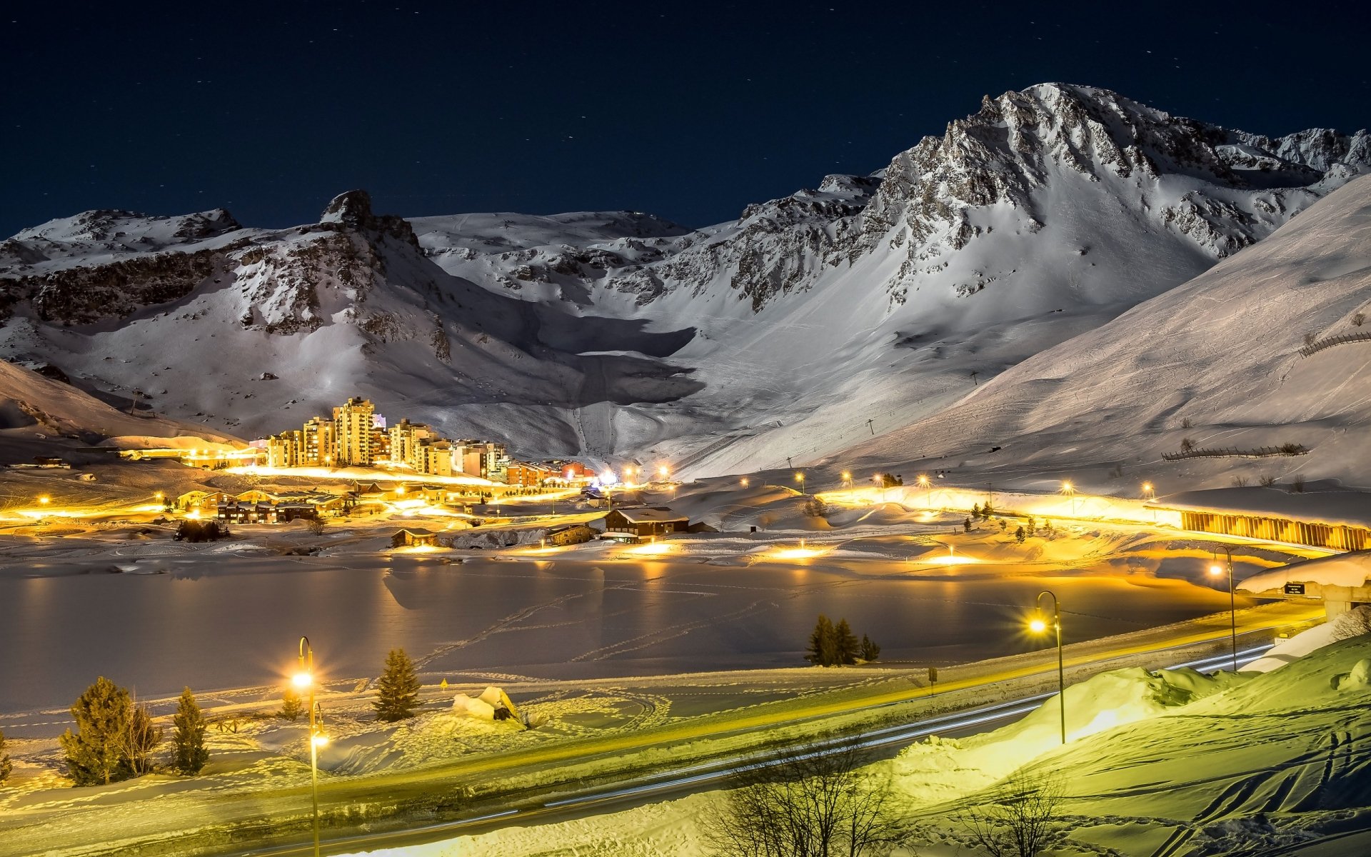 Winter Night in Mountain Village HD Wallpaper | Background Image ...