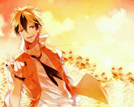 HD desktop wallpaper featuring Lawless from the anime Servamp, depicted in a golden-hued outdoor setting with a calm expression.