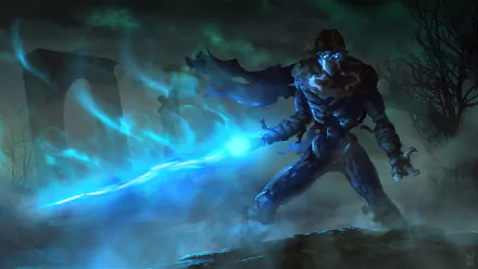 HD PC desktop wallpaper depicting a mysterious armored figure wielding a glowing blue sword from the video game Legacy of Kain: Soul Reaver.