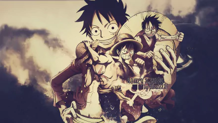 HD PC desktop wallpaper featuring Monkey D. Luffy from the anime One Piece in dynamic poses with a smoky, dramatic background.
