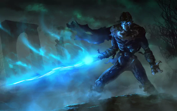 HD PC desktop wallpaper depicting a mysterious armored figure wielding a glowing blue sword from the video game Legacy of Kain: Soul Reaver.